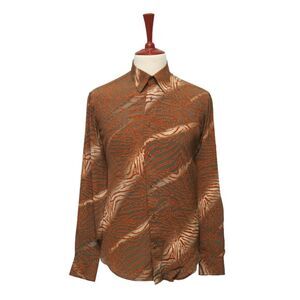 Mens Silk Shirt Button Up Brown Orange Tiger Print Dress Casual Party Medium